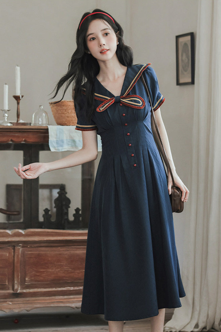 Dark Blue Navy Collar Short Sleeves Subtle Pattern Bow Classic College Style Lolita Dress - Product - 6