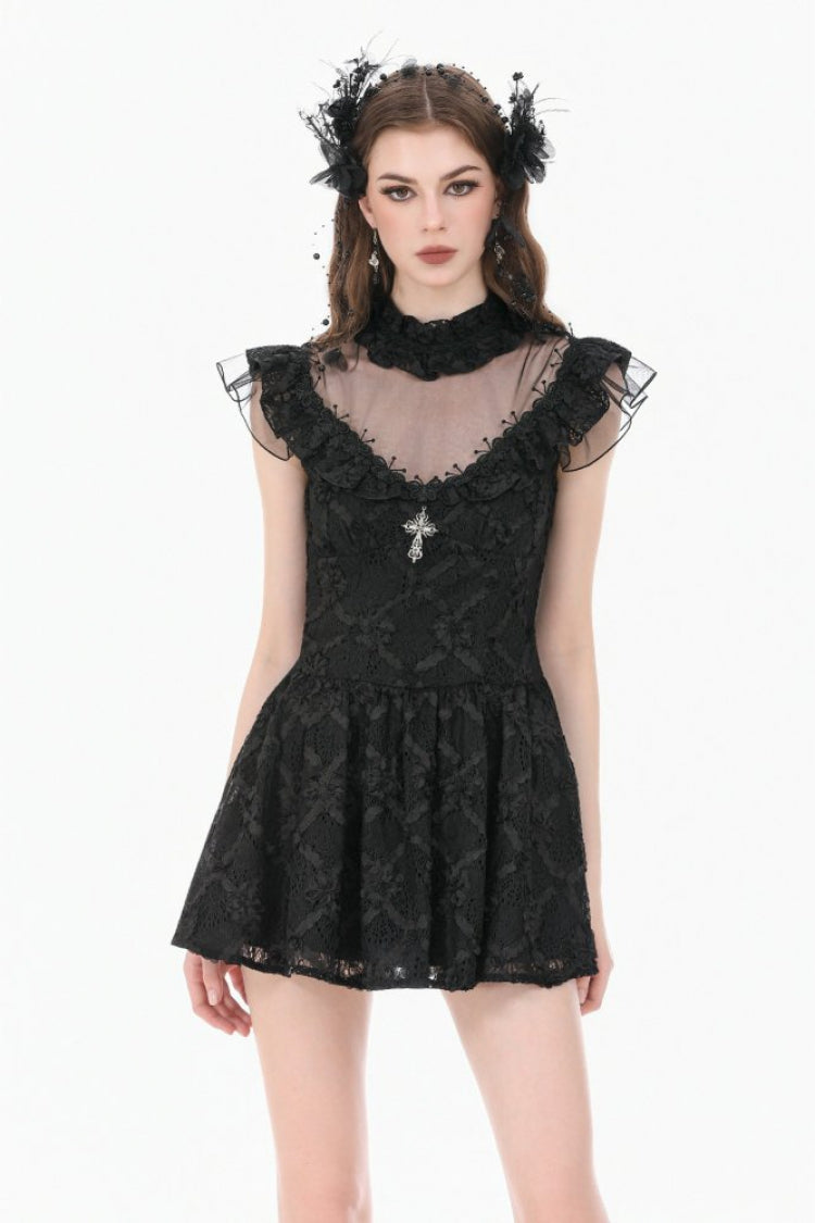 Black Ruffled Mock Neck Floral Cross Lace Splice Sheer Mesh Sleeveless Lace-Up Women's Gothic Dress - Black - 1