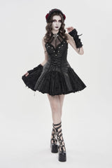 Black Off Shoulder Sleeveless Printed Spliced Lace Lace-Up Pleated Women's Gothic Dress - Product - 1