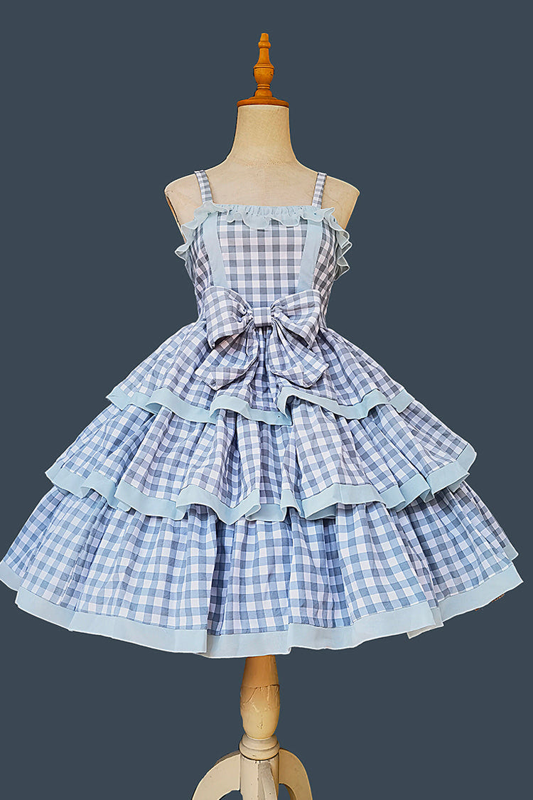 ブルー [Cloth Cat] 三層 チェック プリント フリル リボン スウィートロリータワンピース 2色 商品画像