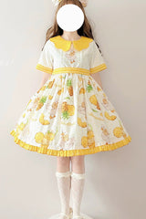 White/Yellow Short Sleeves Duck Print Bowknot Sweet Lolita OP Dress - Product - 2