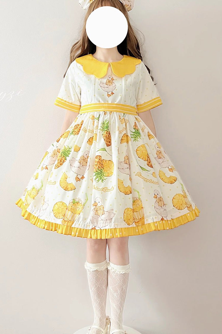 White/Yellow Short Sleeves Duck Print Bowknot Sweet Lolita OP Dress - Product - 2