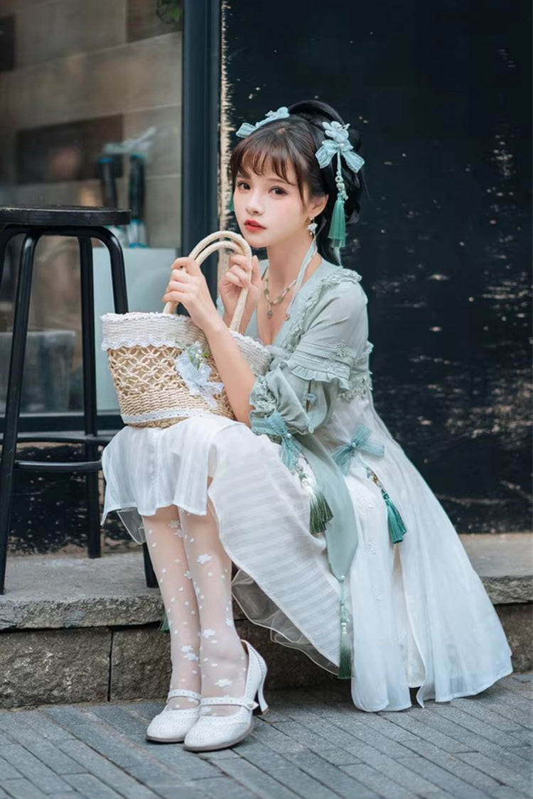 White/Green Half Sleeves Ruffled Bow Sweet Chinese Style Lolita Hanfu Dress - Product - 3