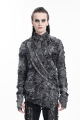 Black Stand Collar Ripped Eyelets Strap Men's Gothic T-Shirt - Black - 1