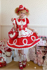 [A Day as a Candy Shop Owner] Peter Pan Collar Short Sleeves Printed Bow Sweet Lolita Dress 3 Colors (Red, Blue, Pink) - Product - 20