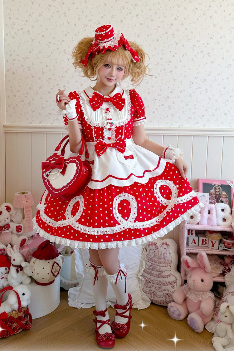 [A Day as a Candy Shop Owner] Peter Pan Collar Short Sleeves Printed Bow Sweet Lolita Dress 3 Colors (Red, Blue, Pink) - Product - 20