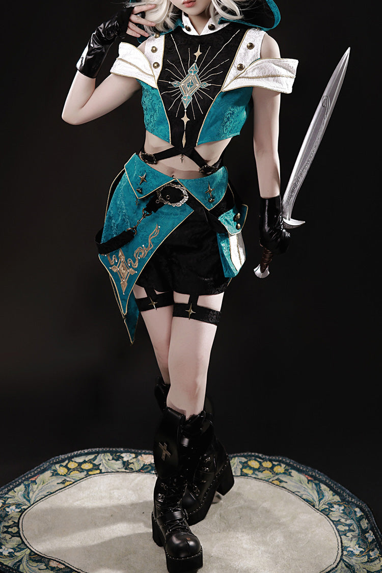 Blue/Green [Traveler’s Outfit] Print Embroidery Hooded Ouji Fashion Sweet Handsome Lolita Set - Product - 10