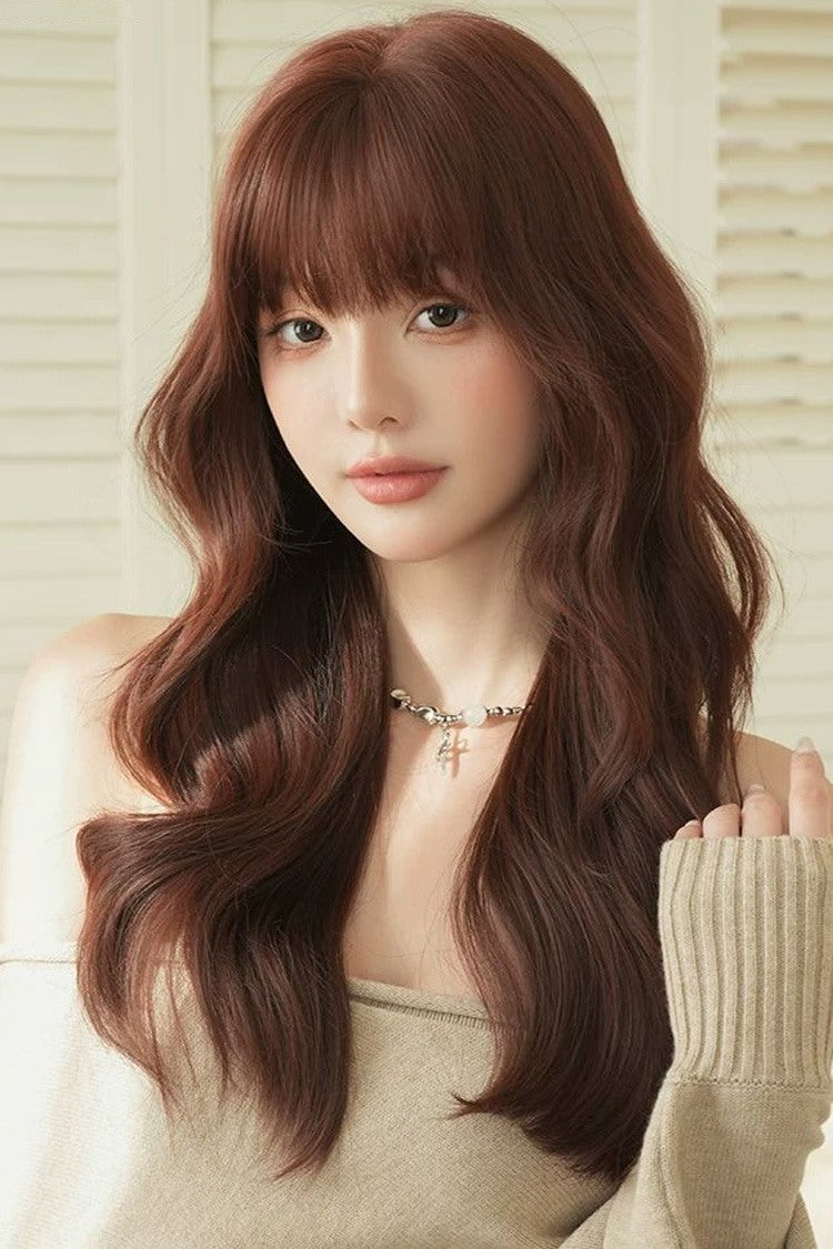 Dark Red Bean Paste Fluffy Natural Long Wavy Curls Sweet Daily Lolita Long Wig - Dark-Red-Bean-Paste - 1