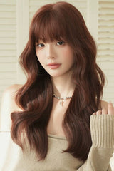 Dark Red Bean Paste Fluffy Natural Long Wavy Curls Sweet Daily Lolita Long Wig - Dark-Red-Bean-Paste - 1