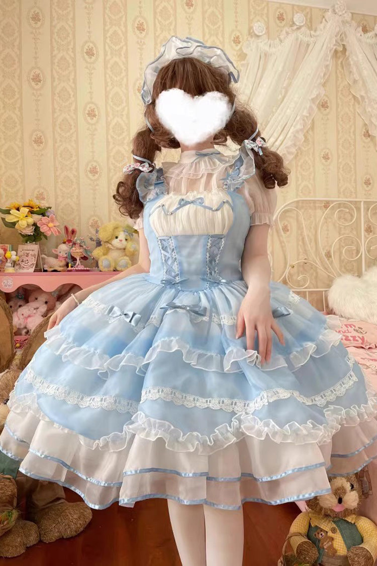 Blue Multi-layer Ruffle Bowknot Lace-Up Ballet Style Sweet Princess Lolita Tiered Dress - Product - 6