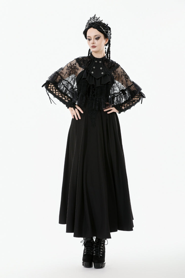 Black Bouble-Breasted Floral Lace Women's Gothic Cape - Black - 1