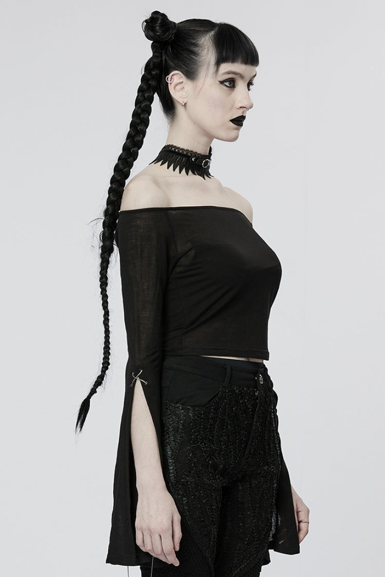 Black Off Shoulder Long Sleeves Metal Chain Women's Gothic T-Shirt - Product - 2