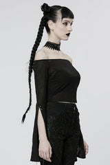 Black Off Shoulder Long Sleeves Metal Chain Women's Gothic T-Shirt - Product - 2