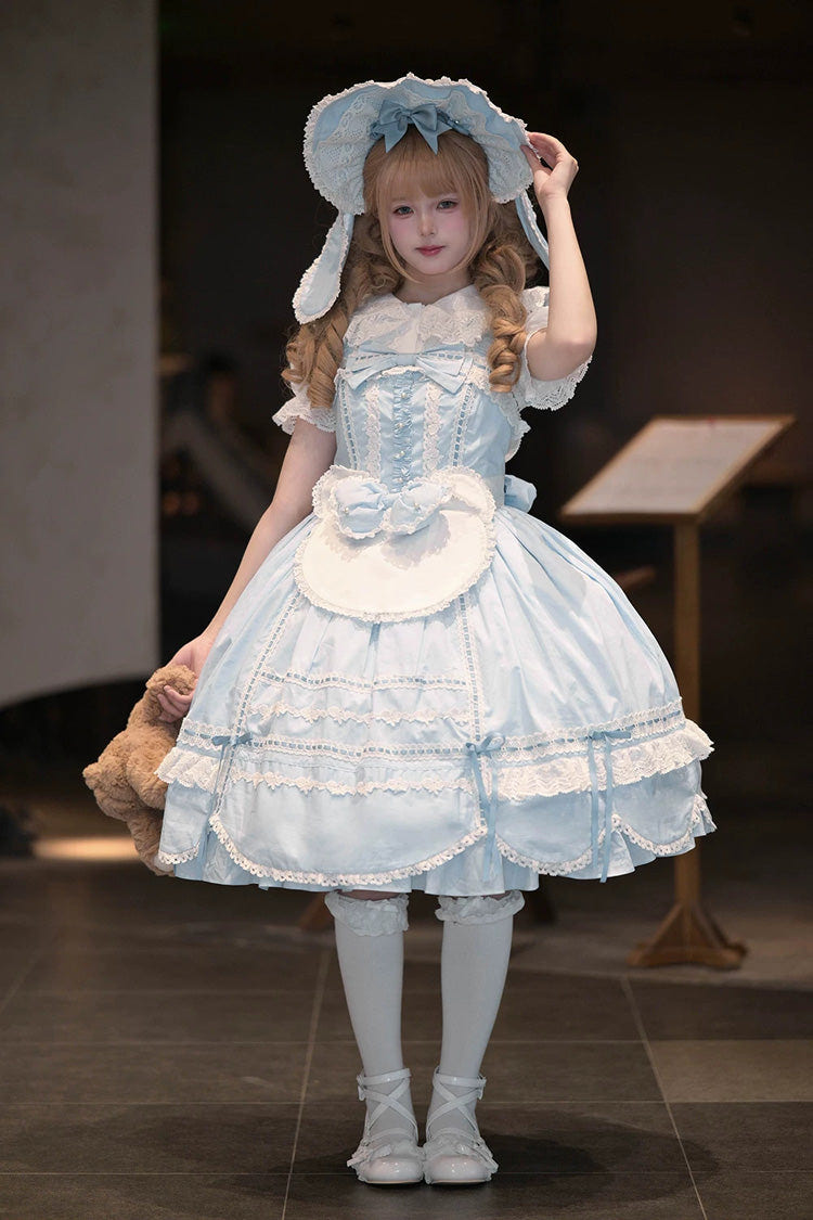 Blue [Petal Bunny] Cotton Sleeveless Ruffled Bow Lace Sweet Elegant Lolita Jsk Dress - Product - 11