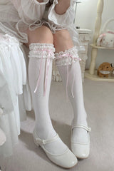 Sweet Ruffle Bowknot Lace Ballet Lolita Calf Socks 6 Colors - White/Pink - 1