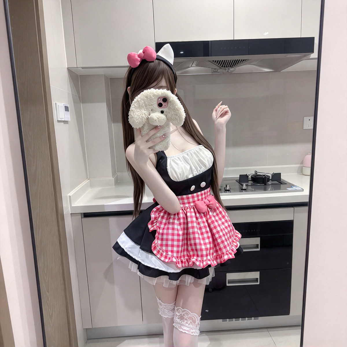 Black and Red Plaid Ruffled Maid Lolita Halter Dress with Apron Accent - view 3