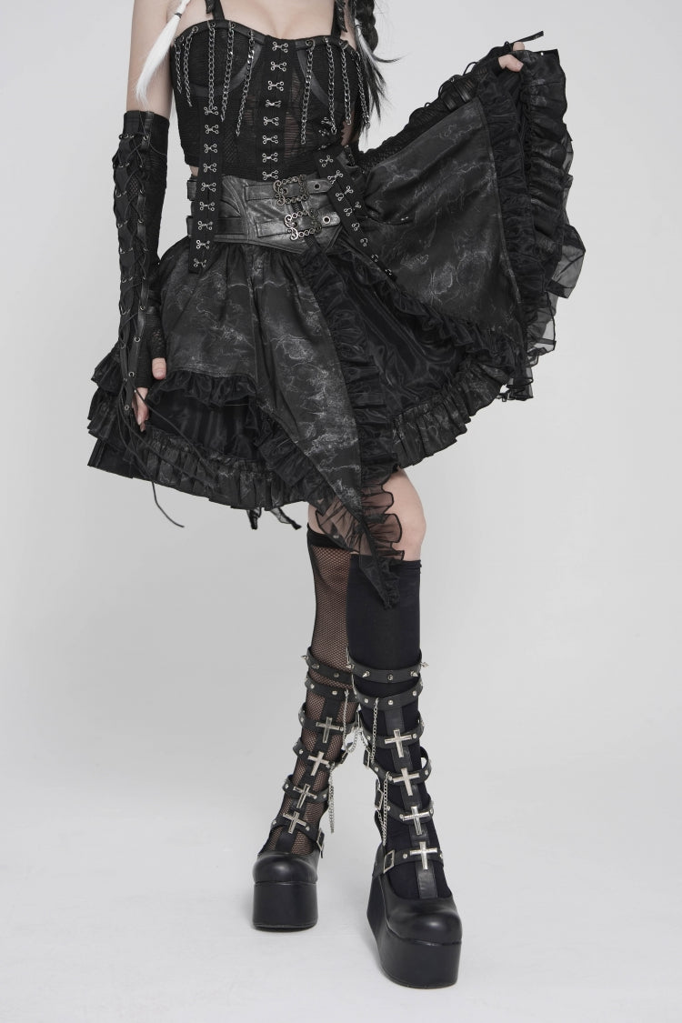 Black Multi-Layered Printed Spliced Lace Lace-Up Buckled Pleated Eyelet Women's Gothic Skirt - Product - 11