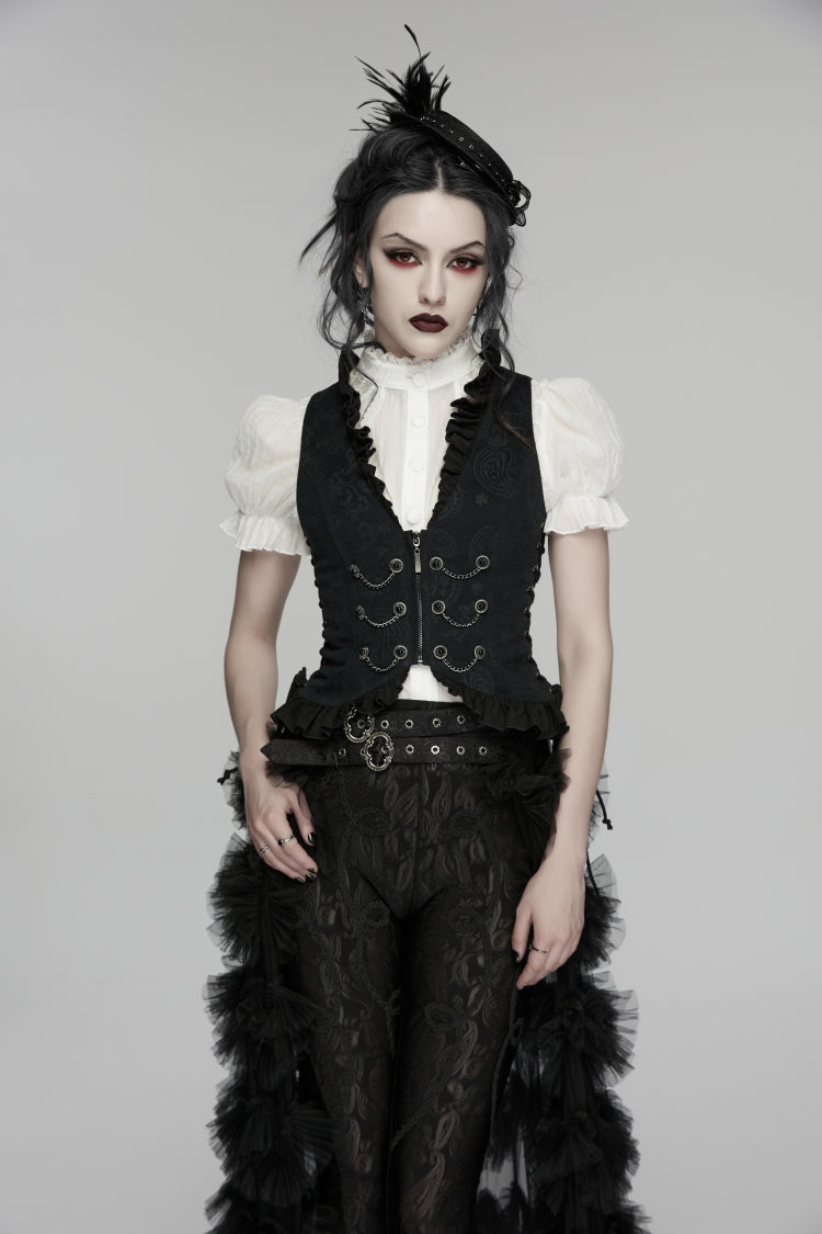 Black Jacquard Lace Lace-Up Slim Pleated Women's Gothic Palace Vest - Black - 1