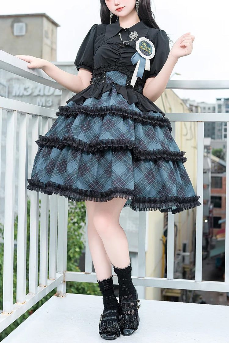 Multi-layer Margaret Plaid Print Sleeveless Sweet Lolita Dress 4 Colors - Blue - 1