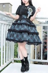 Multi-layer Margaret Plaid Print Sleeveless Sweet Lolita Dress 4 Colors - Blue - 1