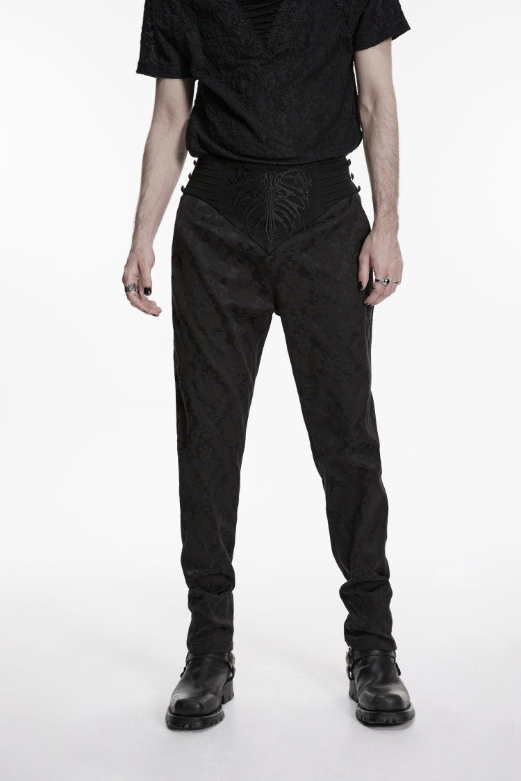 Black Embroidered Slim Pleated Men's Gothic Pants - Product - 4