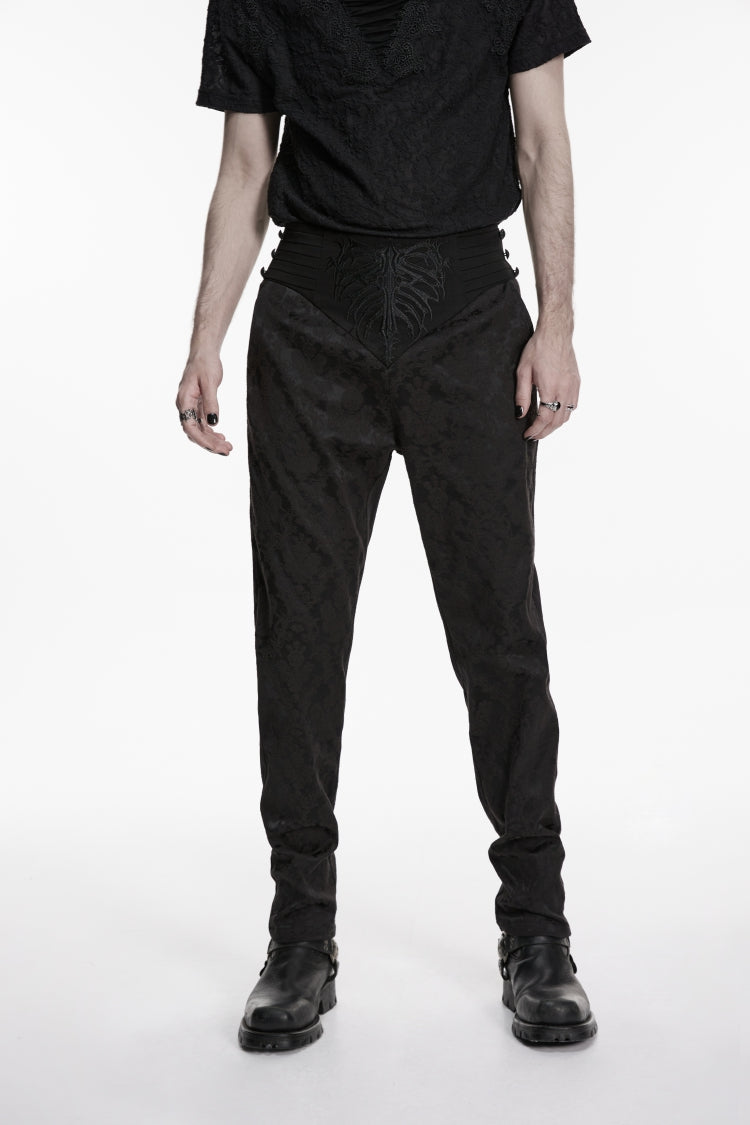 Black Embroidered Slim Pleated Men's Gothic Pants - Product - 4