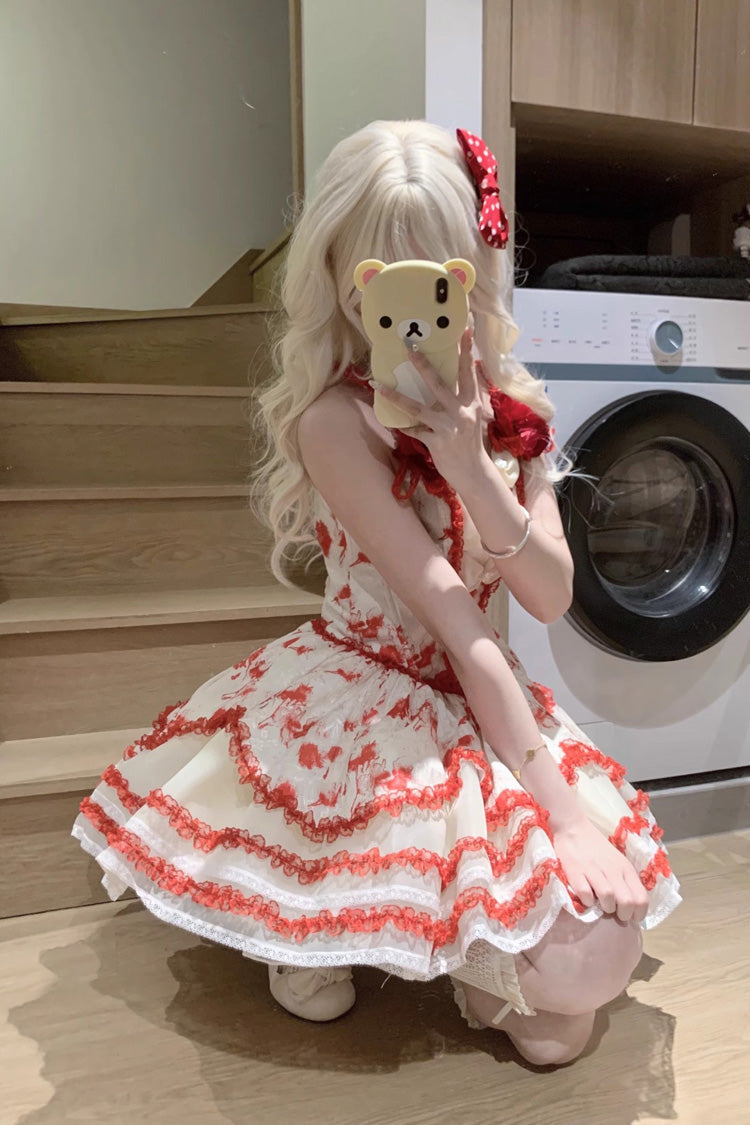 Jasmine Rain Print Stitching Lace Sweet Lolita Jsk Dress 6 Colors - Red - 16