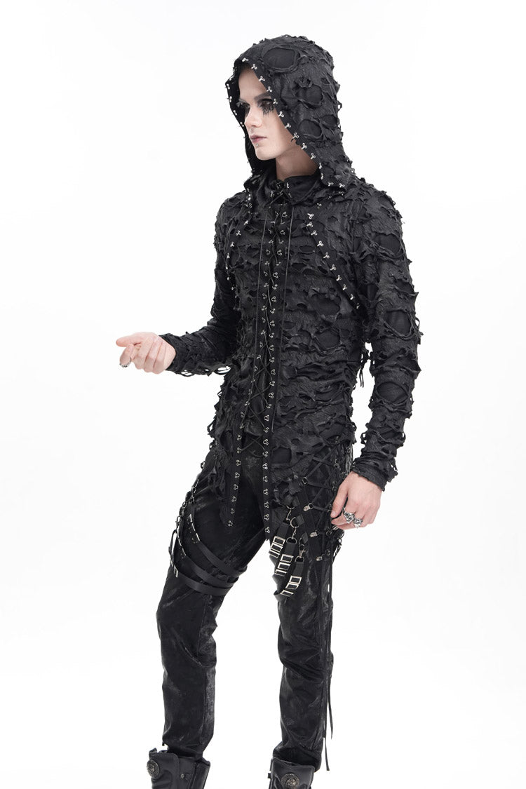 Black Studs Long Sleeves Lace-Up Ripped Men's Gothic Hooded Coat - Product - 7