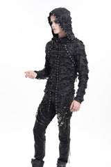 Black Studs Long Sleeves Lace-Up Ripped Men's Gothic Hooded Coat - Product - 7