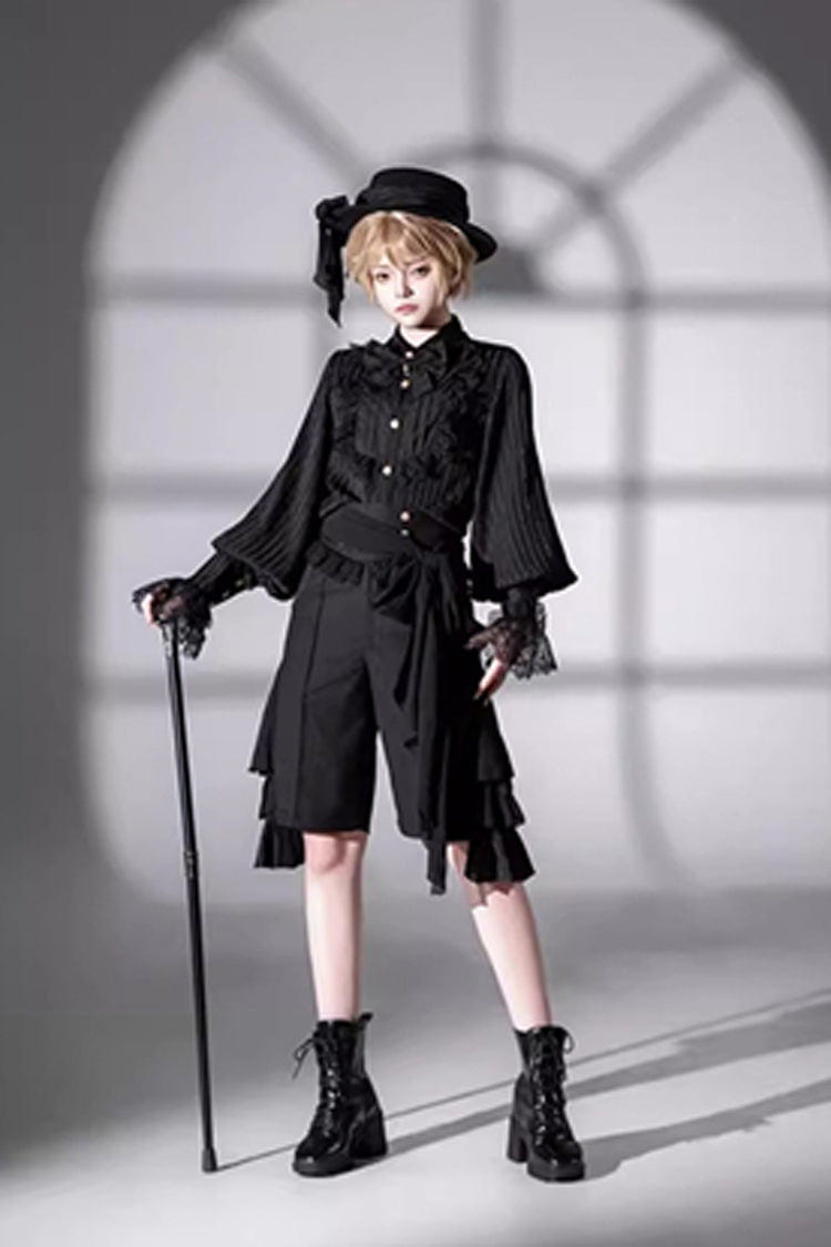 Black [Eternal City] Long Sleeves Lace Gothic Prince Medieval Ouji Lolita Blouse Knee-Length Shorts Set - Product - 2