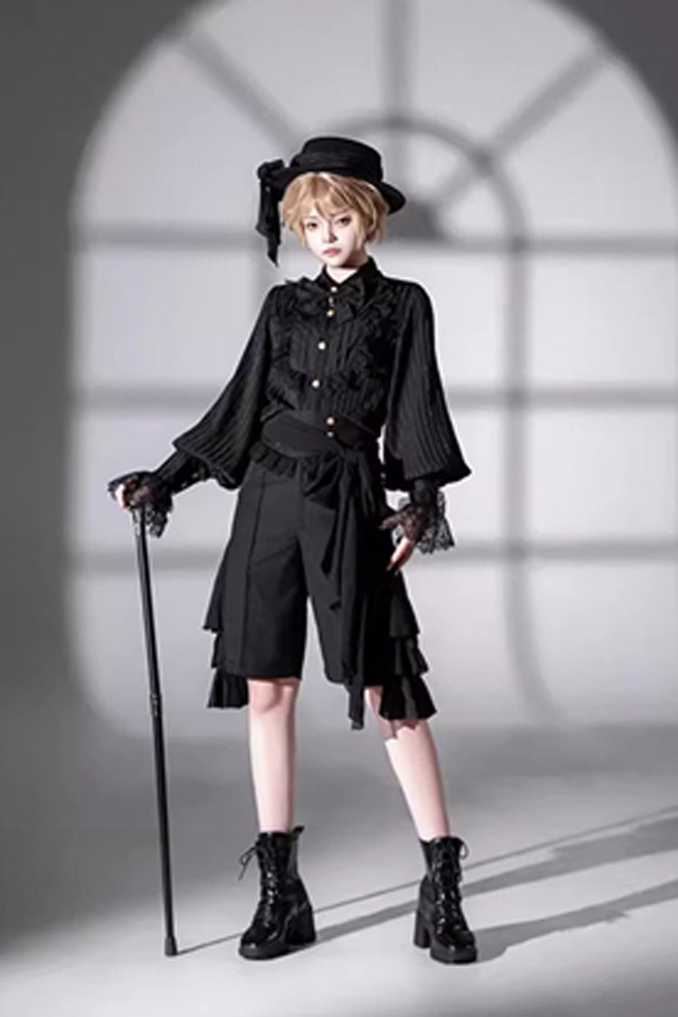 Black [Eternal City] Long Sleeves Lace Gothic Prince Medieval Ouji Lolita Blouse Knee-Length Shorts Set - Product - 2