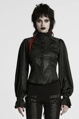 Black Stand Collar Long Puff Sleeves Faux Leather Stitching Women's Gothic Blouse - Black - 1