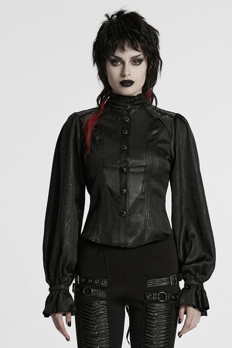 Black Stand Collar Long Puff Sleeves Faux Leather Stitching Women's Gothic Blouse - Black - 1