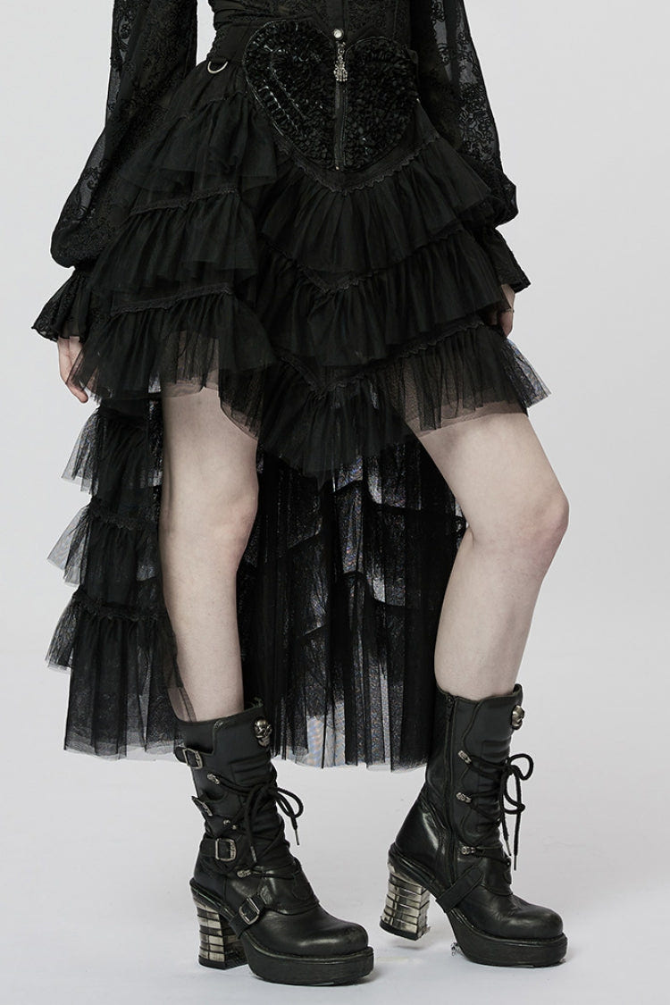 Heart Embroidery Skull Pendant Zipper Irregular Mesh Women's Gothic Skirt 2 Colors - Product - 10