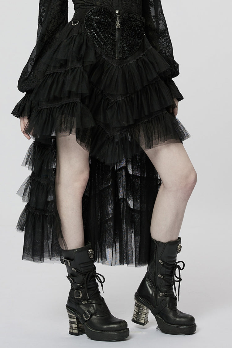 Heart Embroidery Skull Pendant Zipper Irregular Mesh Women's Gothic Skirt 2 Colors - Product - 10