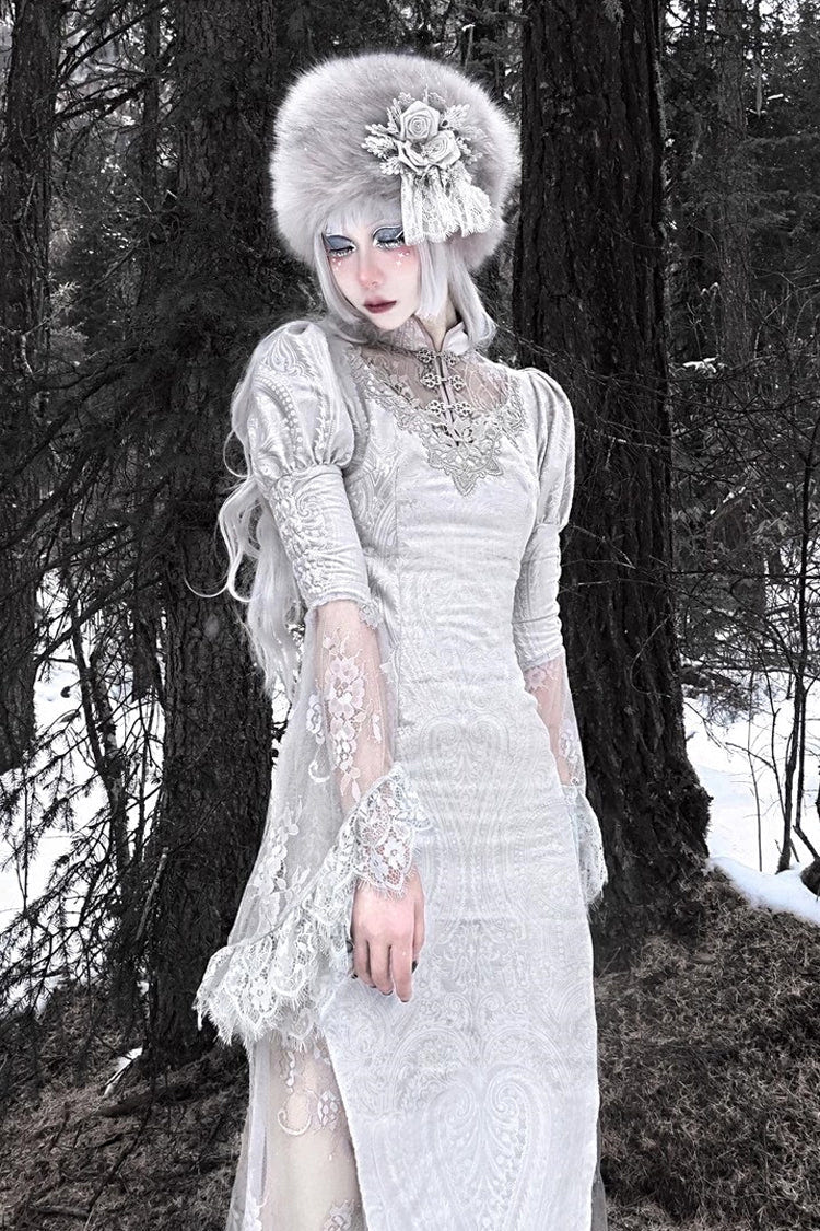 Silver [The Call of the Snow Country] V Collar Long Sleeves High Waisted Ruffle Lace Gothic Lolita Fishtail Dress - Product - 4