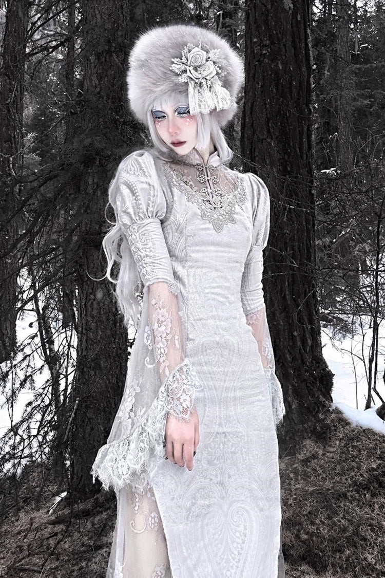 Silver [The Call of the Snow Country] V Collar Long Sleeves High Waisted Ruffle Lace Gothic Lolita Fishtail Dress - Product - 4