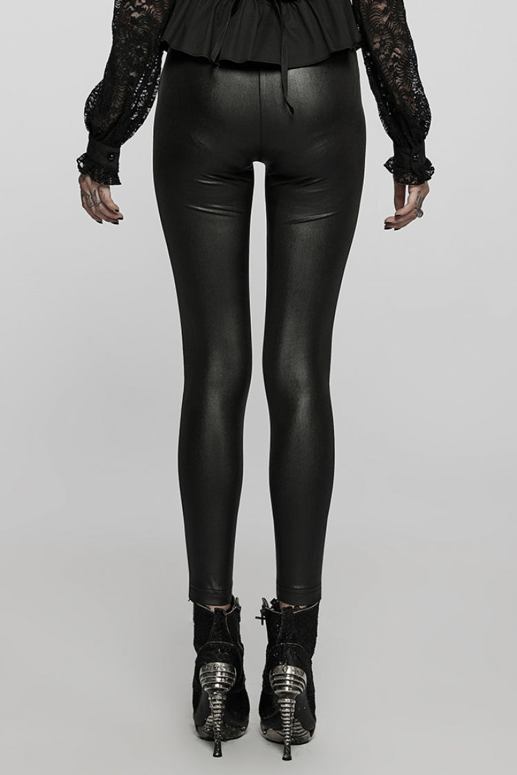 Black Floral Hollow Slim Faux Leather Women's Gothic Leggings - Product - 3