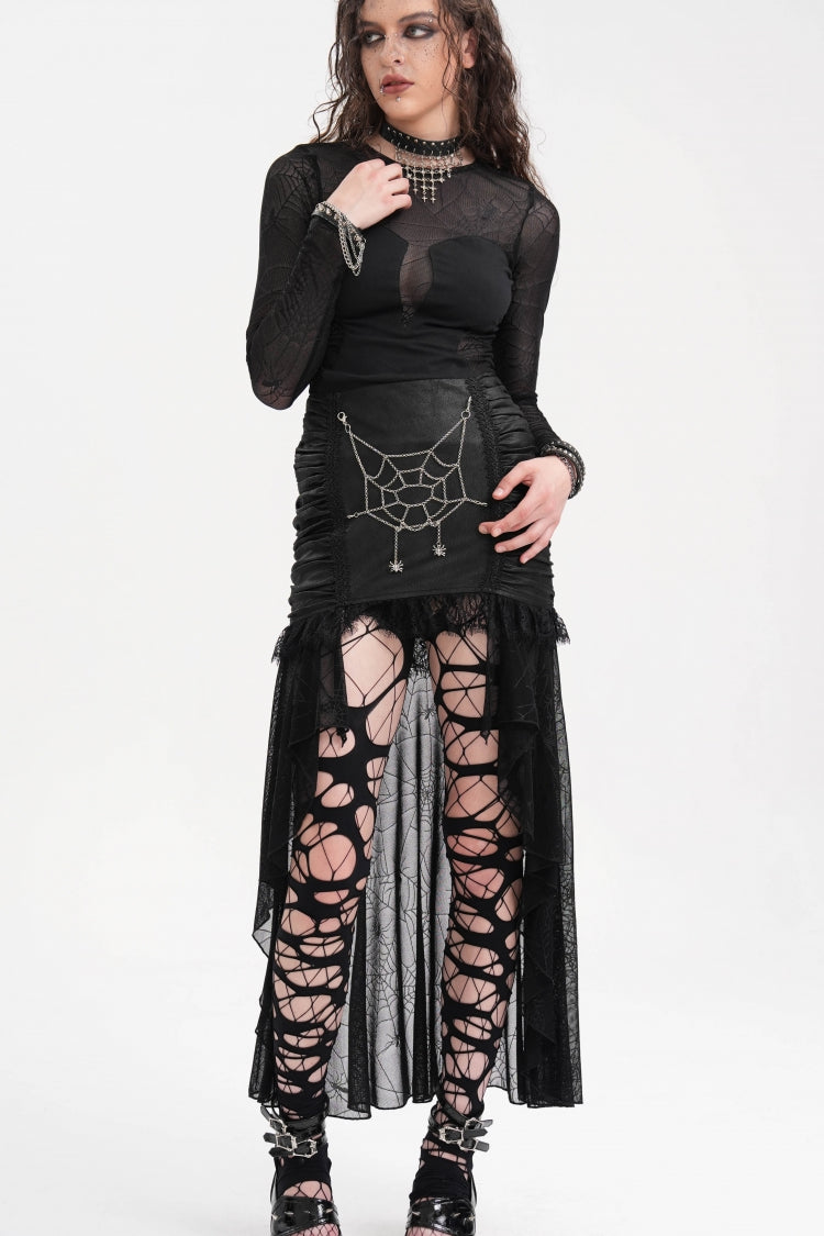Black Chain Lace Irregular Hem Mesh Women's Gothic Skirt - Product - 7