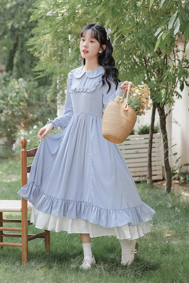 Blue Doll Collar Long Sleeves Ruffle Sweet Elegant Princess Lolita Dress - Product - 2