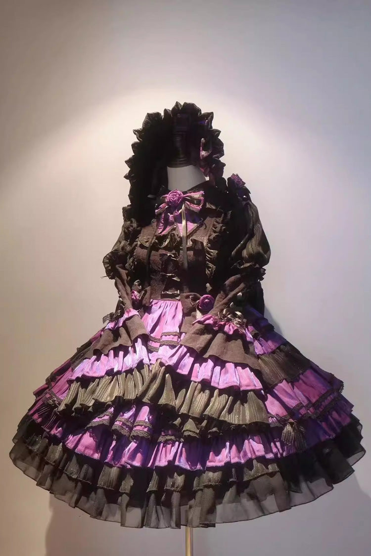 Black/Purple Long Trumpet Sleeves Multi-Layered Ruffle Bowknot Lace-Up Gothic Lolita Dress - Product - 6
