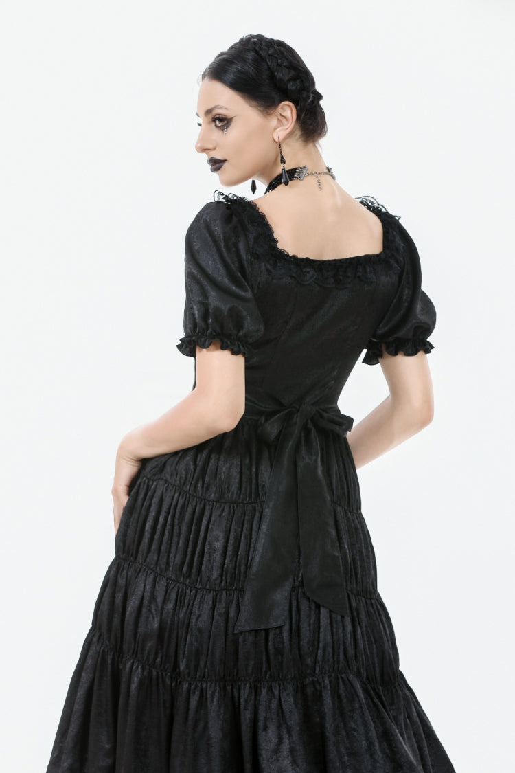 Black Lace Square Collar Short Puff Sleeves Lace-Up Ruched Women's Gothic Wedding Dress - Product - 4
