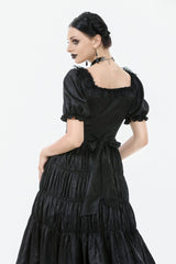 Black Lace Square Collar Short Puff Sleeves Lace-Up Ruched Women's Gothic Wedding Dress - Product - 4