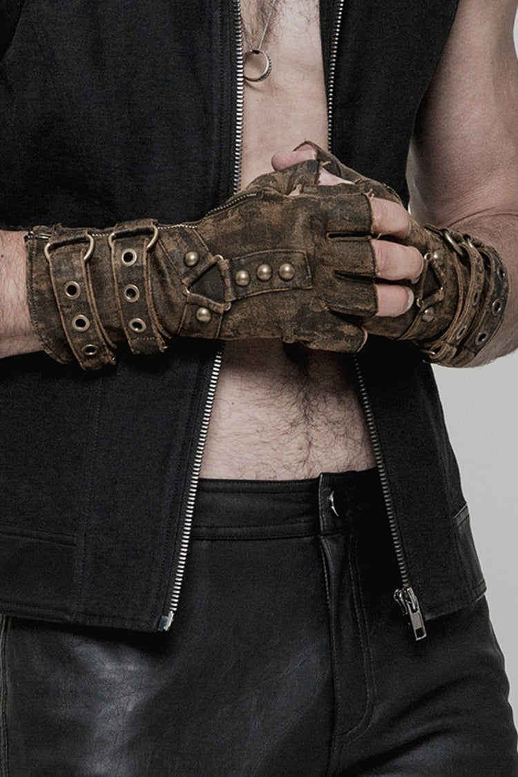 Metal Buckle PU Leather Men's Steampunk Gloves 2 Colors - Brown - 1