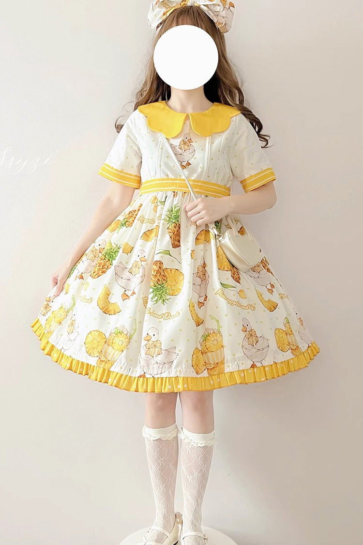 White/Yellow Short Sleeves Duck Print Bowknot Sweet Lolita OP Dress - White/Yellow - 1