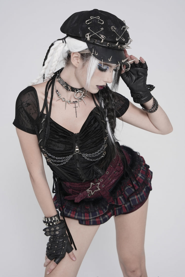 Black Short Sleeves Slim Studded Pleated Chain-Decorated Women's Punk Cool Blouse - Product - 9