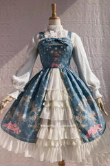 Peacock Cross Print Ruffle Cardigan Bowknot Sweet Lolita Jsk Dress 4 Colors - Blue - 1