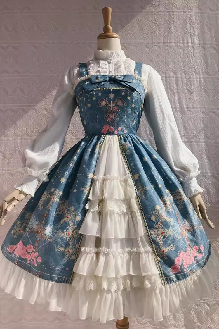 Peacock Cross Print Ruffle Cardigan Bowknot Sweet Lolita Jsk Dress 4 Colors - Blue - 1