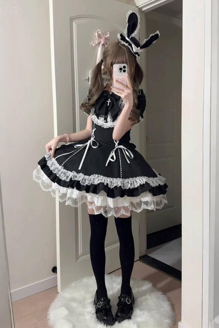 Black [Pilgrimage Rabbit] Round Collar Short Sleeves Triple-Layered Striped Printed Ruffled Bow Lace-Up Gothic Lolita Dress - Product - 4