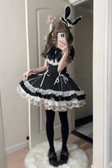 Black [Pilgrimage Rabbit] Round Collar Short Sleeves Triple-Layered Striped Printed Ruffled Bow Lace-Up Gothic Lolita Dress - Product - 4